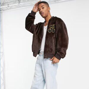 ASOS Design Faux Fur Varsity Bomber Jacket Embroidery Patch Brown Size M